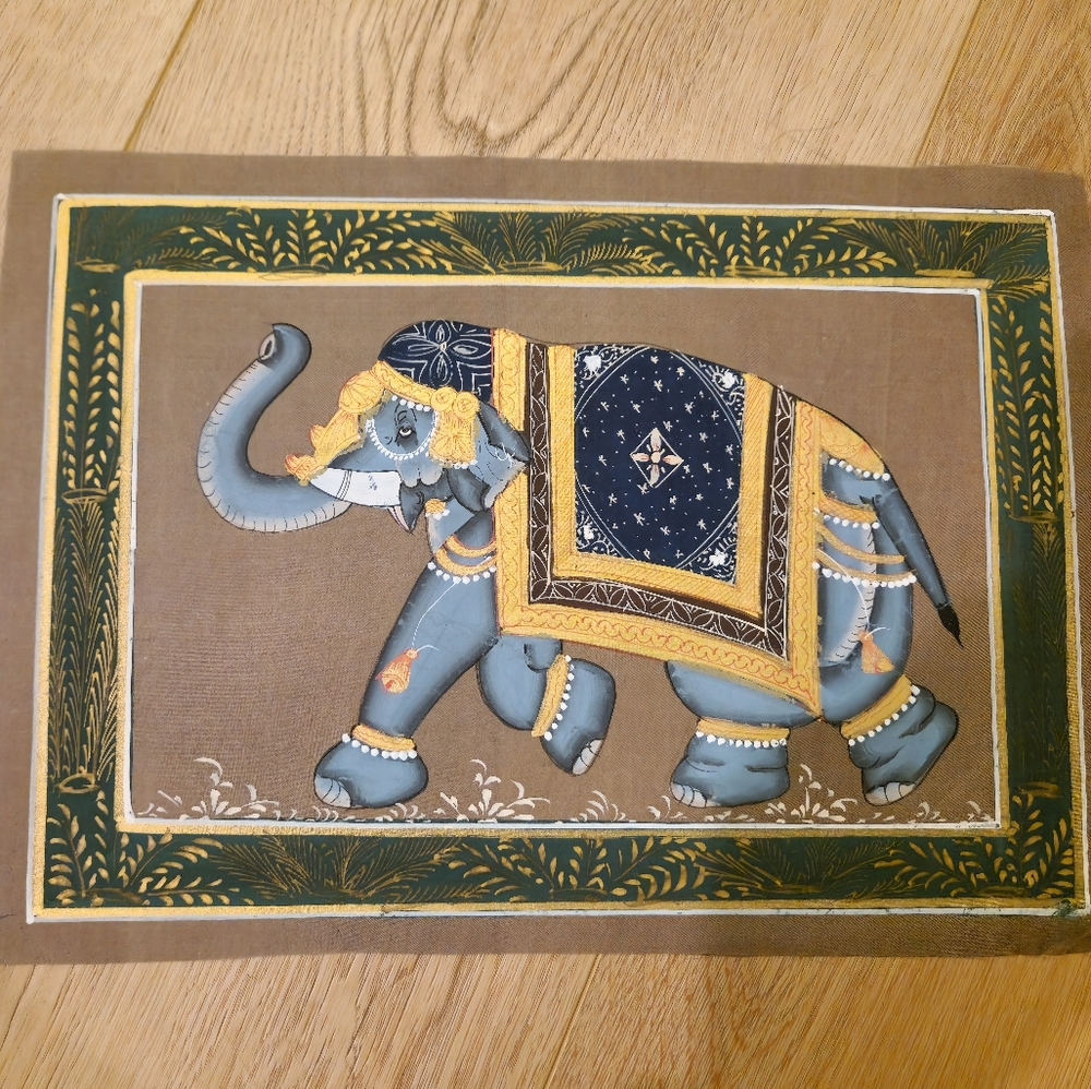 Original miniature Indian painting on silk fabric in natural colors